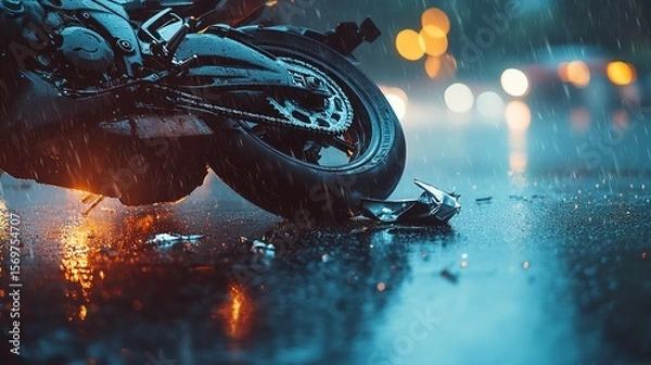 Fototapeta Motorcycle accident in the rain with blurred city lights background.