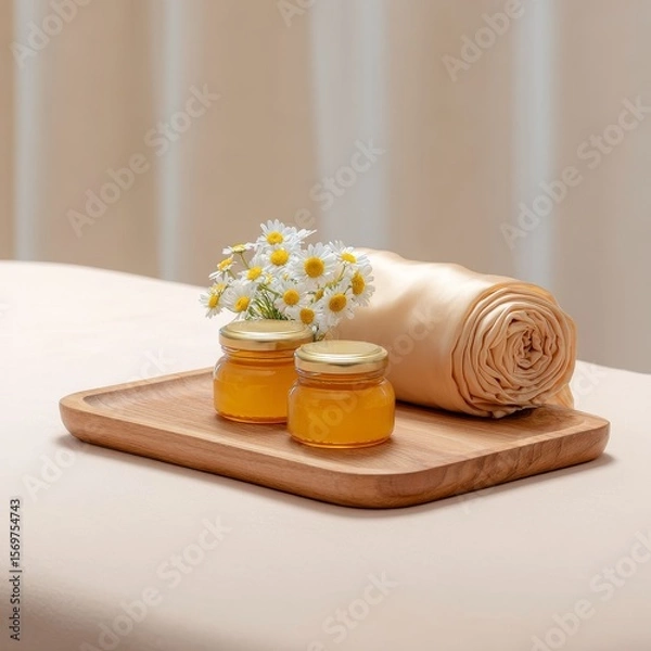 Fototapeta Serene spa experience with honey jars and chamomile flowers wooden tray display relaxing interior calm ambiance