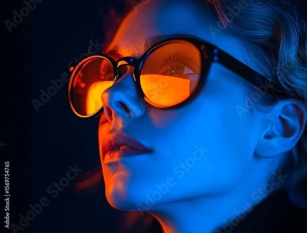 Fototapeta Vibrant portrait with colorful glasses and striking lighting effects.