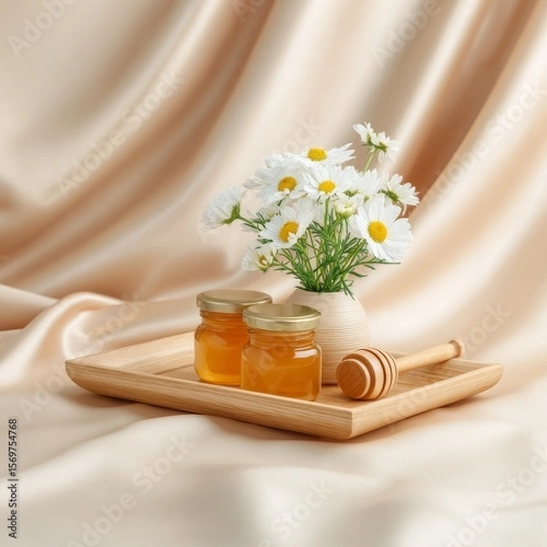 Fototapeta Honey jars and chamomile flowers on smooth wooden tray home decor soft lighting minimalist style
