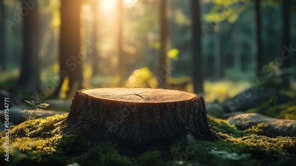 Fototapeta Wooden stump in a serene forest with sunlight filtering through trees.