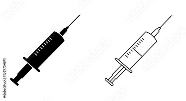 Fototapeta Syringe Icon Set: A simple yet versatile set of syringe icons, featuring both a filled and an outline version, perfect for medical, healthcare, or pharmaceutical applications. 