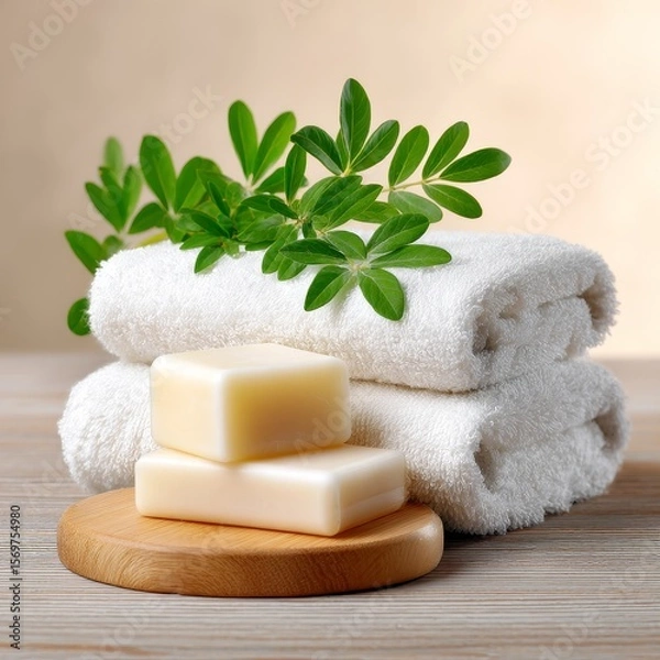 Fototapeta Relaxing spa essentials home environment product photography soft textures tranquil atmosphere