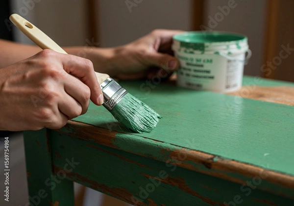 Fototapeta Close-up of brush painting green coat on vintage wooden table during a home project