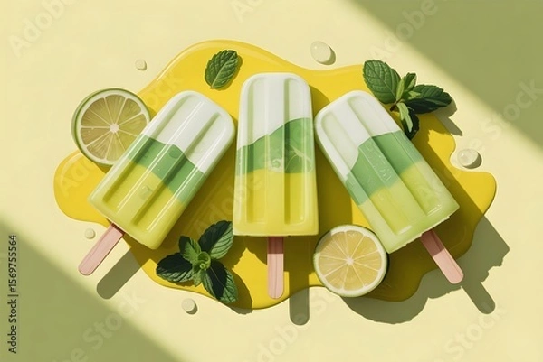 Fototapeta Fresh lime mint popsicles with natural ingredients on yellow background - summer refreshing frozen treats with citrus and herbs