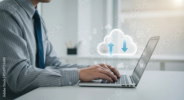 Fototapeta Professional uses a laptop, symbolizing secure cloud data synchronization and digital business operations.