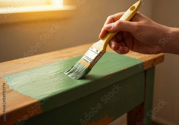 Fototapeta Close-up of brush painting green coat on vintage wooden table during a home project