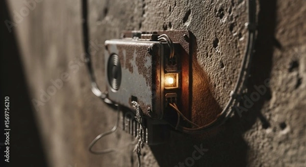 Fototapeta Rusty Electrical Box with Glowing Light on Textured Wall