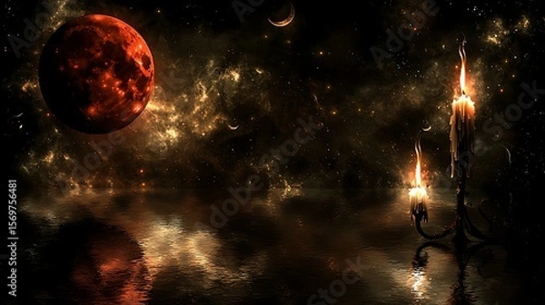 Fototapeta The glow of a red moon gently illuminates a lone candle on a placid lake, its flame dancing in the quiet
