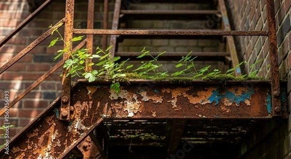 Fototapeta Rusty Staircase with Vibrant Greenery: Nature's Resilience in Urban Decay
