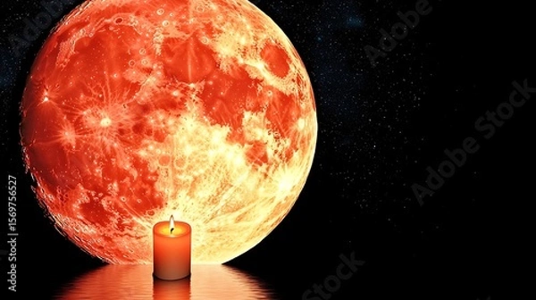Fototapeta The deep red moon casts its glow over a peaceful lake where one candle drifts alone under a starlit sky