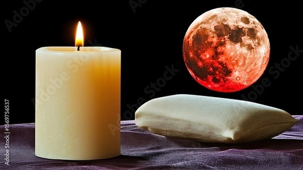 Fototapeta The pale flicker of a candle moves across shadowed water under the intense red glow of a low moon