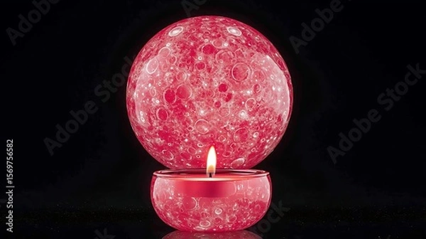 Fototapeta Moody nighttime setting featuring the subtle shimmer of a red moon reflected around a single floating candle