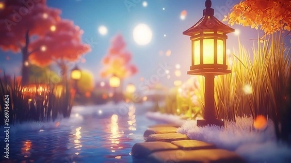 Fototapeta Calm river setting with soft lantern light shining through tall reeds, creating a peaceful and serene atmosphere at dusk