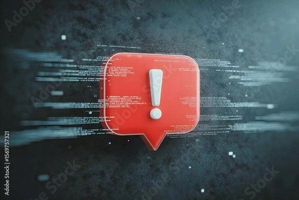 Fototapeta Red alert notification speech bubble with exclamation mark on digital code background - cybersecurity warning concept 3D render