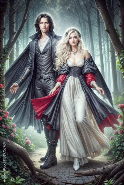 Obraz Romantic Fantasy Couple in Medieval and Magical Settings, Elegant Man and Woman in Historical Outfits, Royal Fairytale Aesthetic with Castles, Gardens, and Enchanted Atmosphere