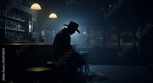 Fototapeta Silhouette of a Man in Hat at Moody Bar with Bottles and Soft Lighting
