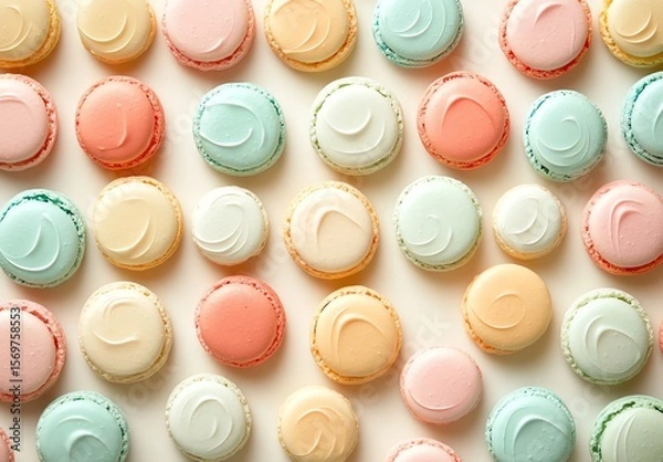 Fototapeta Colorful macarons arranged neatly on a light background.
