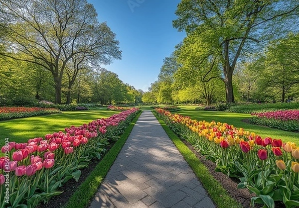 Fototapeta Pathway flanked by colorful tulips in a vibrant garden setting.