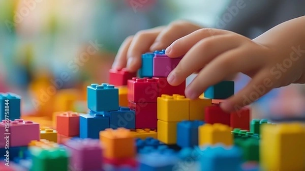 Fototapeta Colorful building blocks with a child's hands assembling a structure.