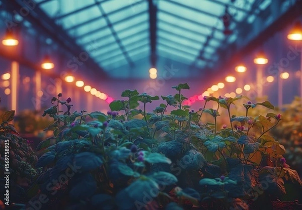 Fototapeta Lush plants illuminated in a greenhouse at dusk.