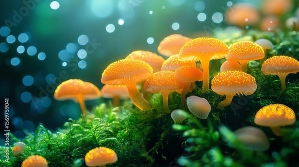 Fototapeta Vibrant mushrooms growing in a lush, dreamy aquatic environment.