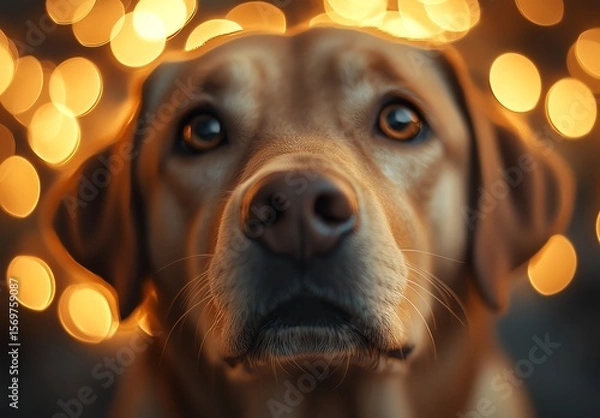 Fototapeta Labrador dog with glowing lights in the background.