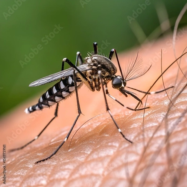 Fototapeta Close-up of a black and white striped mosquito feeding on human skin. The mosquito is detailed, showcasing its legs and wings against a blurred green background.