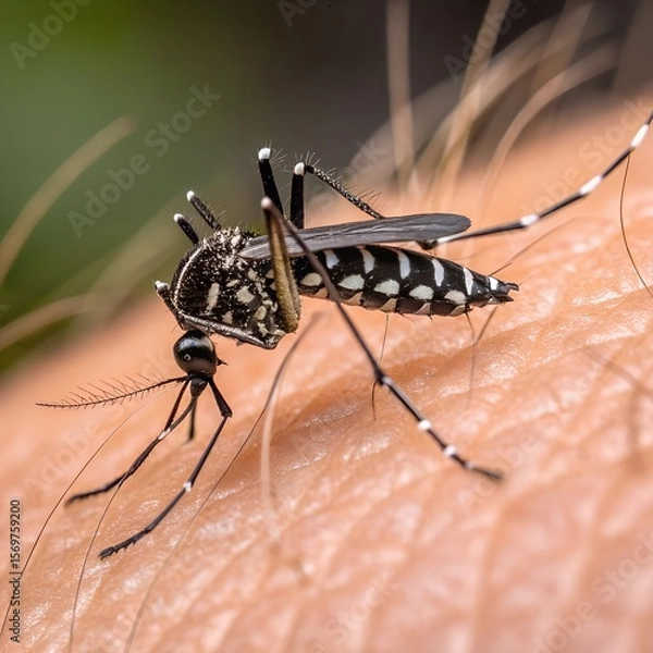 Fototapeta Close-up of a black and white striped mosquito feeding on human skin. The insect has long legs and delicate wings, highlighting its detailed features.