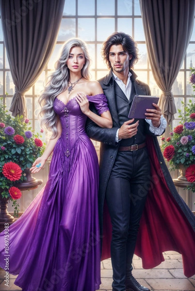 Obraz Romantic Fantasy Couple in Medieval and Magical Settings, Elegant Man and Woman in Historical Outfits, Royal Fairytale Aesthetic with Castles, Gardens, and Enchanted Atmosphere