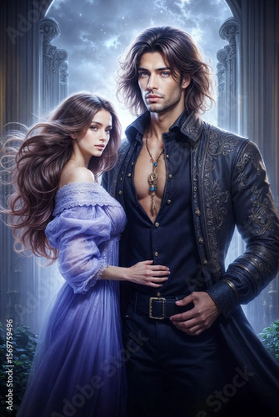 Obraz Romantic Fantasy Couple in Medieval and Magical Settings, Elegant Man and Woman in Historical Outfits, Royal Fairytale Aesthetic with Castles, Gardens, and Enchanted Atmosphere