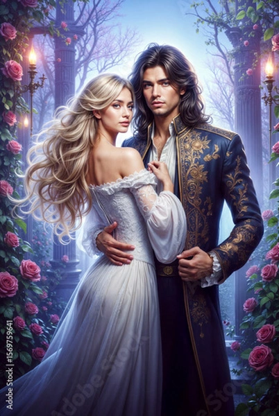 Obraz Romantic Fantasy Couple in Medieval and Magical Settings, Elegant Man and Woman in Historical Outfits, Royal Fairytale Aesthetic with Castles, Gardens, and Enchanted Atmosphere