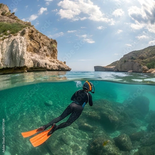 Fototapeta A young man with dark hair and a black wetsuit swims underwater in a clear blue sea. Coral reefs and rocky cliffs are visible in the background.