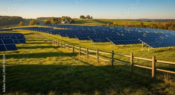 Fototapeta Solar Panels Array on Rolling Hills at Sunset with Wooden Fence