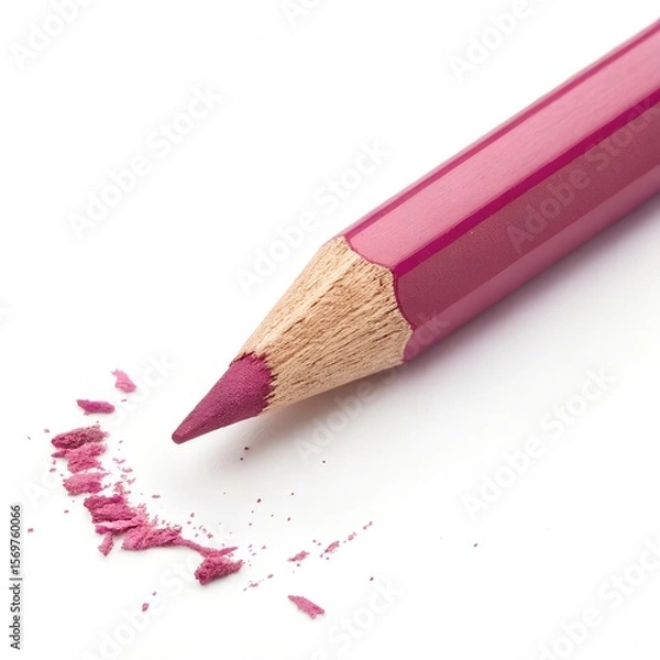 Fototapeta A close-up of a pink colored pencil with shavings scattered around it. The pencil has a sharpened tip and a wooden body.