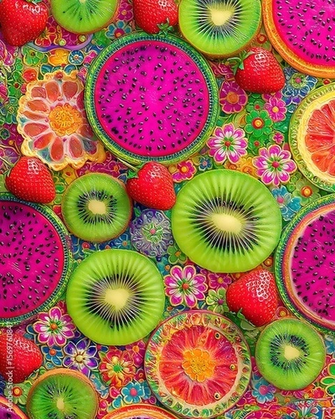 Fototapeta A vibrant and colorful display of fresh fruit amidst fantastical floral patterns