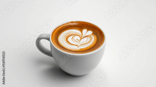Fototapeta A ceramic espresso cup decorated with perfect crema leaf art. Steam rises in a spiral, and the cup is tilted slightly for a dynamic angle. Pure white background.