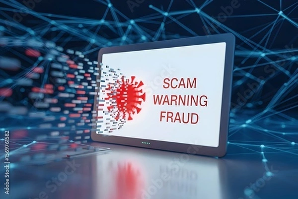 Fototapeta Laptop screen displaying scam warning fraud alert with red virus icon and pixel effects on blue digital network technology background