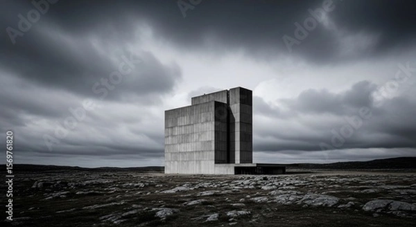 Fototapeta Stark Concrete Building Under Dramatic Sky in Iceland Landscape