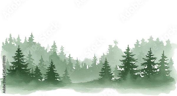 Fototapeta Green watercolor abstract woodland, foggy forest silhouette winter hand drawn illustration isolated background