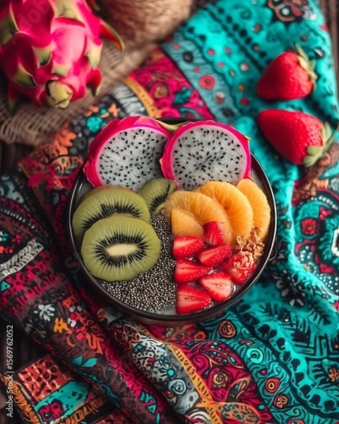 Fototapeta Colorful and vibrant smoothie bowl featuring dragon fruit, kiwi, and strawberries