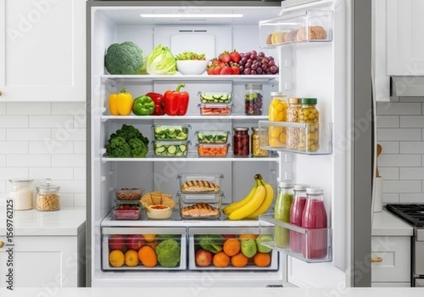 Fototapeta Refrigerator full of fresh colorful fruits and vegetables