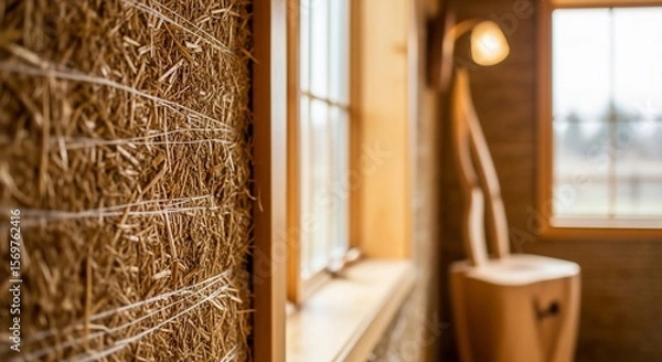 Fototapeta Straw Bale Wall Detail with Window and Modern Lamp in Eco-Friendly Home