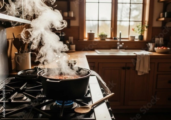 Fototapeta A rustic kitchen features a steaming pot on a gas stove, illuminated by natural light from a large window.