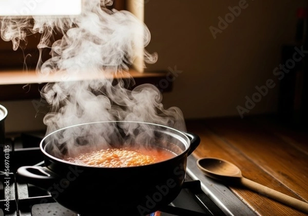 Fototapeta A rustic kitchen features a steaming pot on a gas stove, illuminated by natural light from a window.