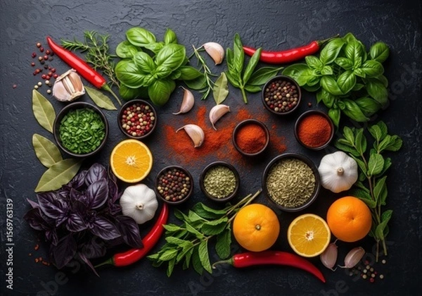 Fototapeta A vibrant assortment of colorful spices, herbs, garlic, and citrus fruits are artfully arranged on a dark surface.