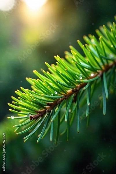 Fototapeta Dew-Kissed Pine Needles A Vibrant Close-Up of a Sunlit Forest Capturing the Fresh, Aromatic Essence of Nature