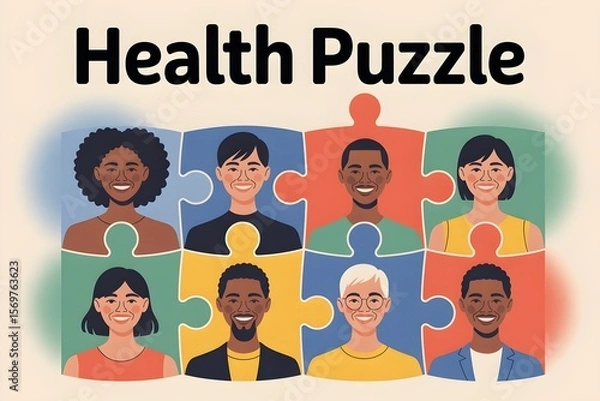 Fototapeta Health puzzle concept with diverse people as colorful jigsaw pieces, teamwork in healthcare illustration for medical diversity and collaboration