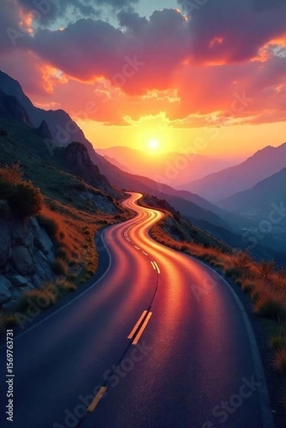 Fototapeta Winding Road to Sunset A Serene Journey of Exploration and Adventure through Rolling Hills