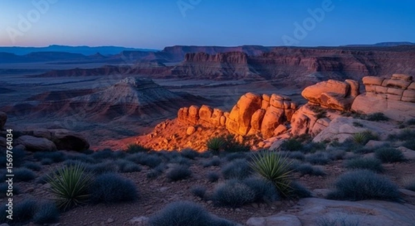 Fototapeta Sunrise Glow on Utah's Canyonlands: Red Rocks and Desert Flora at Dawn